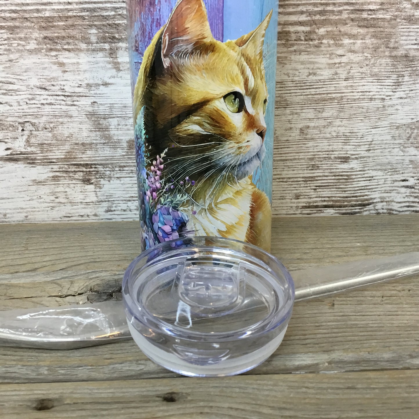 Orange Cat Purple Teal Floral Skinny Tumbler with Straw & Lid