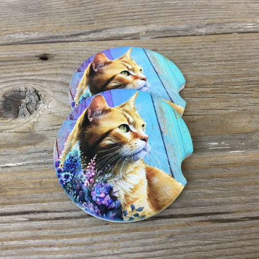 Orange Cat Purple Teal Floral Car Coasters, Set of 2 Car Coasters