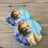 Orange Cat Purple Teal Floral Car Coasters, Set of 2 Car Coasters