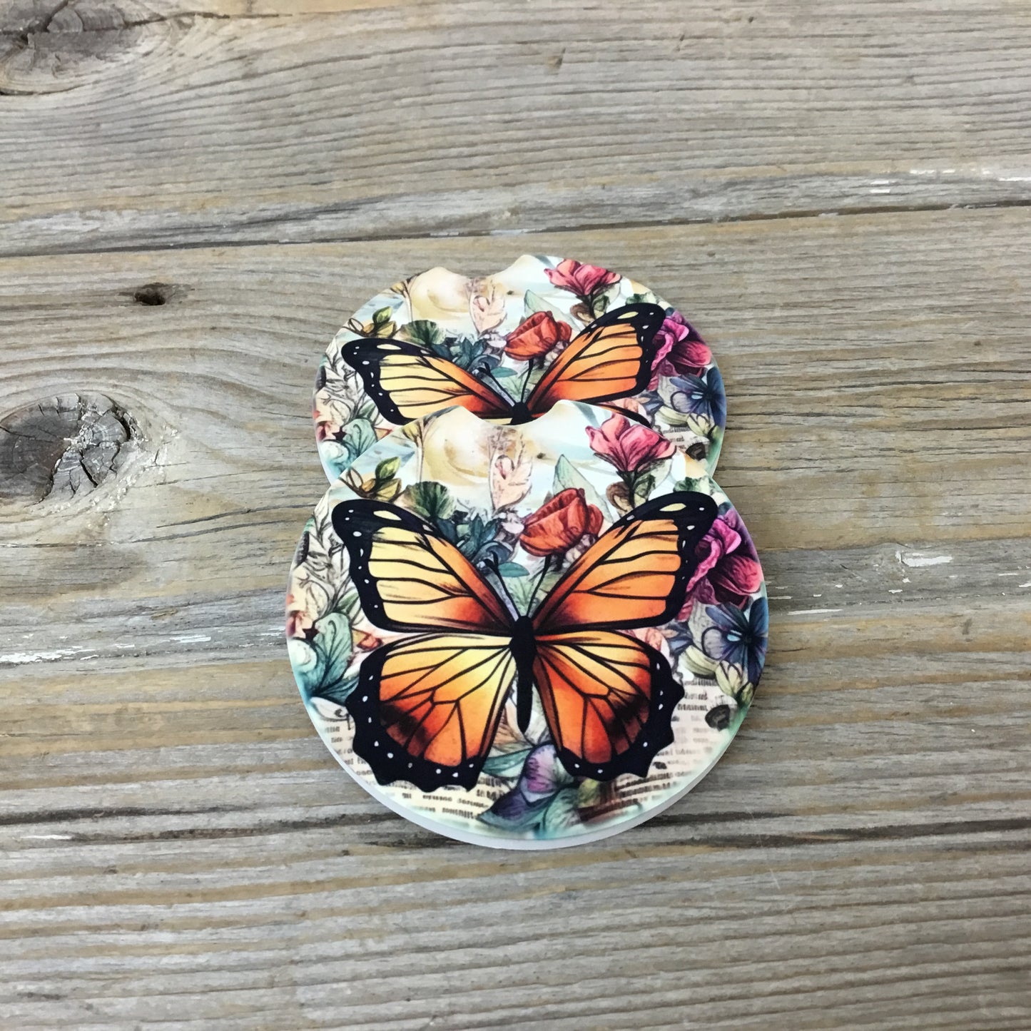 Floral Monarch Butterfly Car Coasters, Set of 2