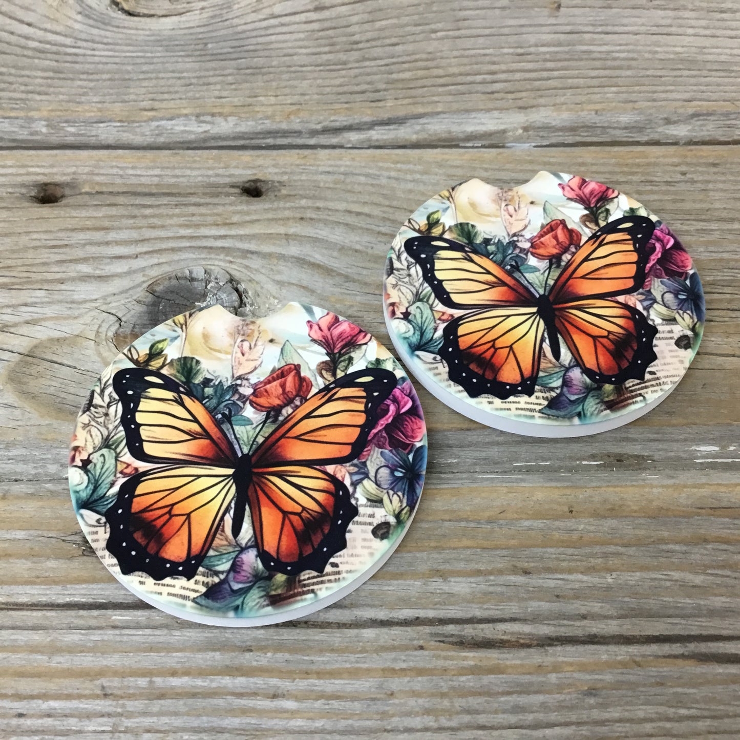 Floral Monarch Butterfly Car Coasters, Set of 2