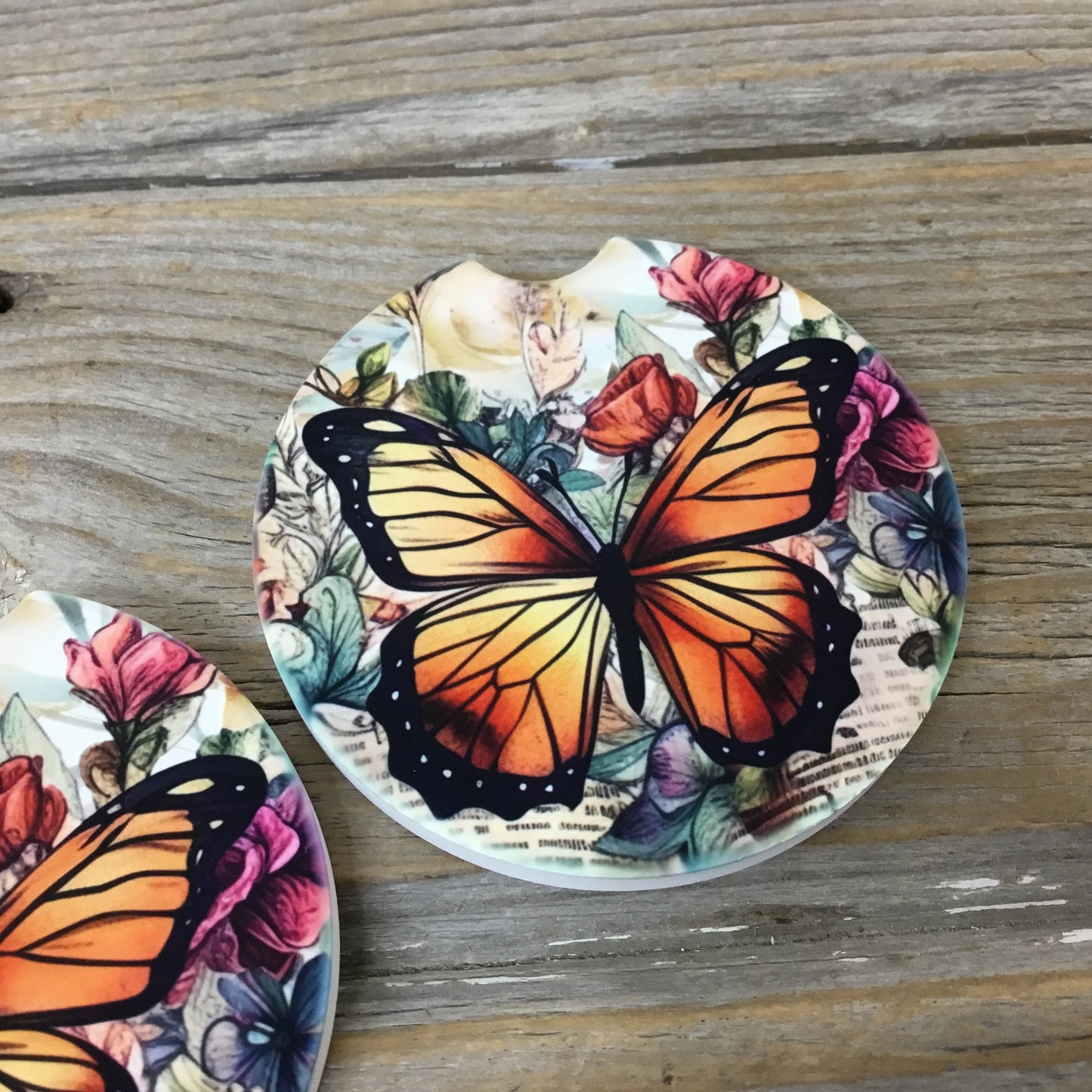 Floral Monarch Butterfly Car Coasters, Set of 2