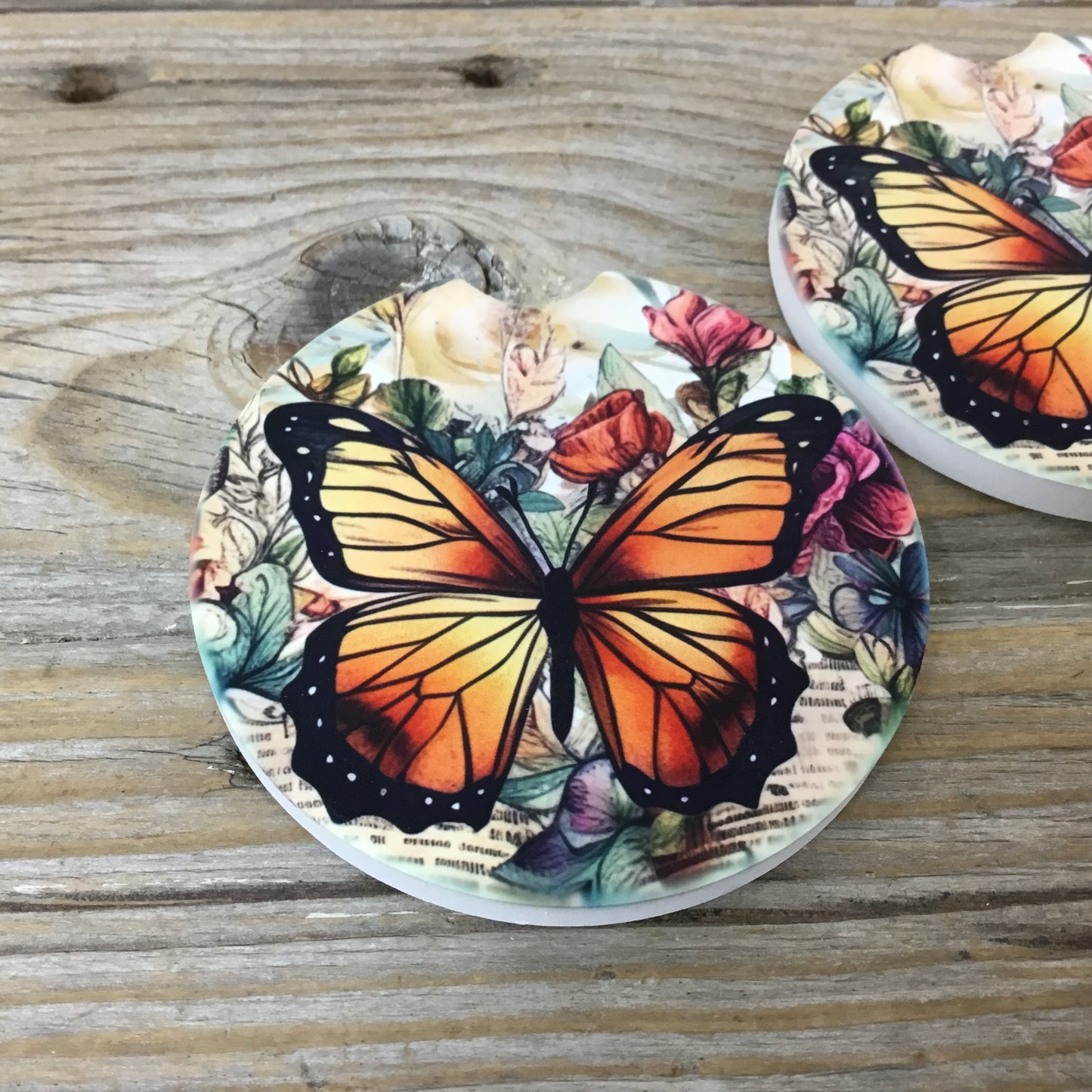 Floral Monarch Butterfly Car Coasters, Set of 2