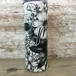 Black and White Boho Floral Personalized Name 20 oz Skinny Tumbler with Lid and Straw