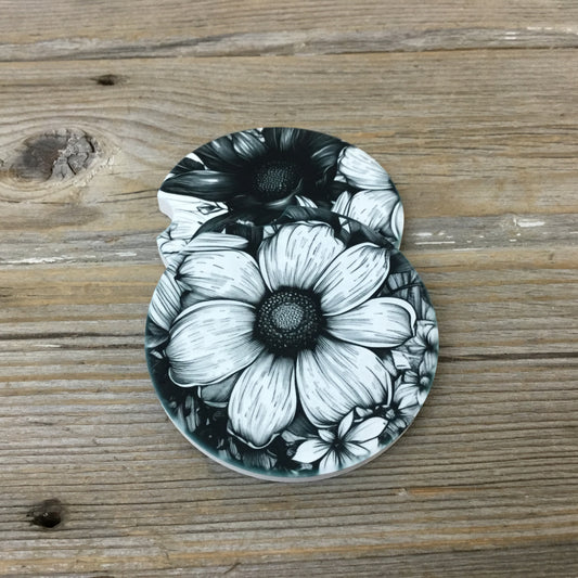 Black and White Floral Boho Car Coasters, Set of 2 Car Coasters