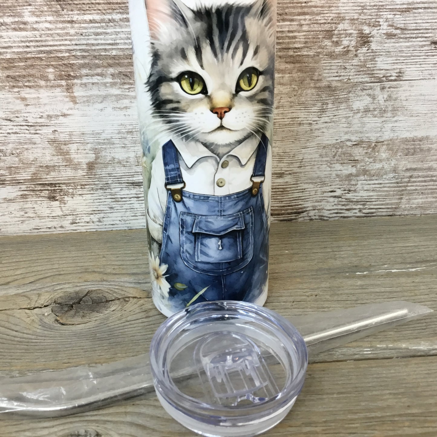 Cat in Denim Overalls 20 oz  Skinny Tumbler with Straw & Lid