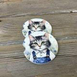 Cat in Denim Overalls Car Coasters, Set of 2 Car Coasters