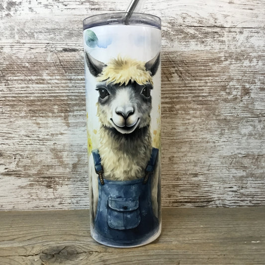 Llama in Bib Overalls 20 oz Skinny Tumbler with Straw & Lid