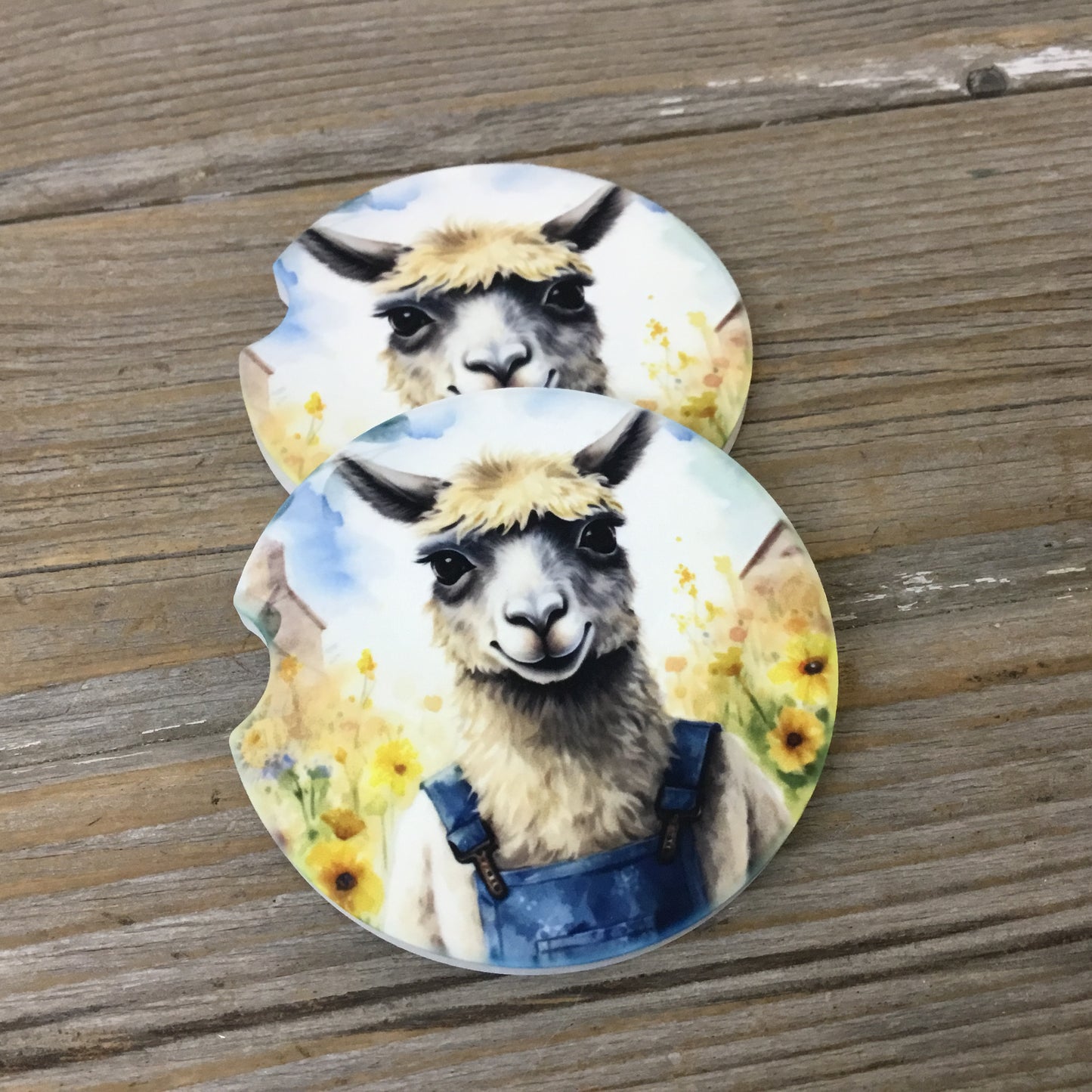 Llama in Bib Overalls Car Coasters, Set of 2