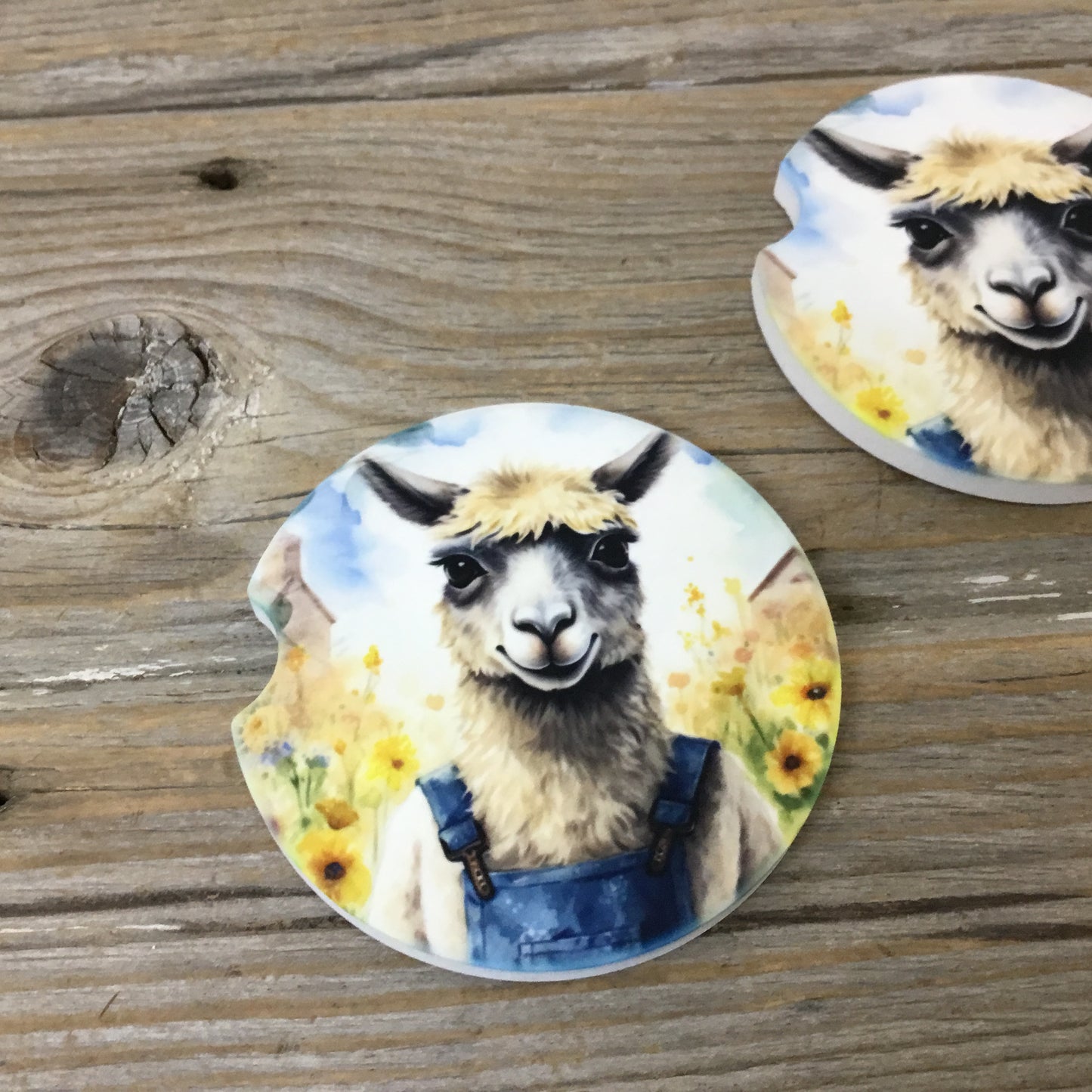 Llama in Bib Overalls Car Coasters, Set of 2