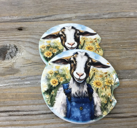 Goat in Bib Overalls Car Coasters, Set of 2