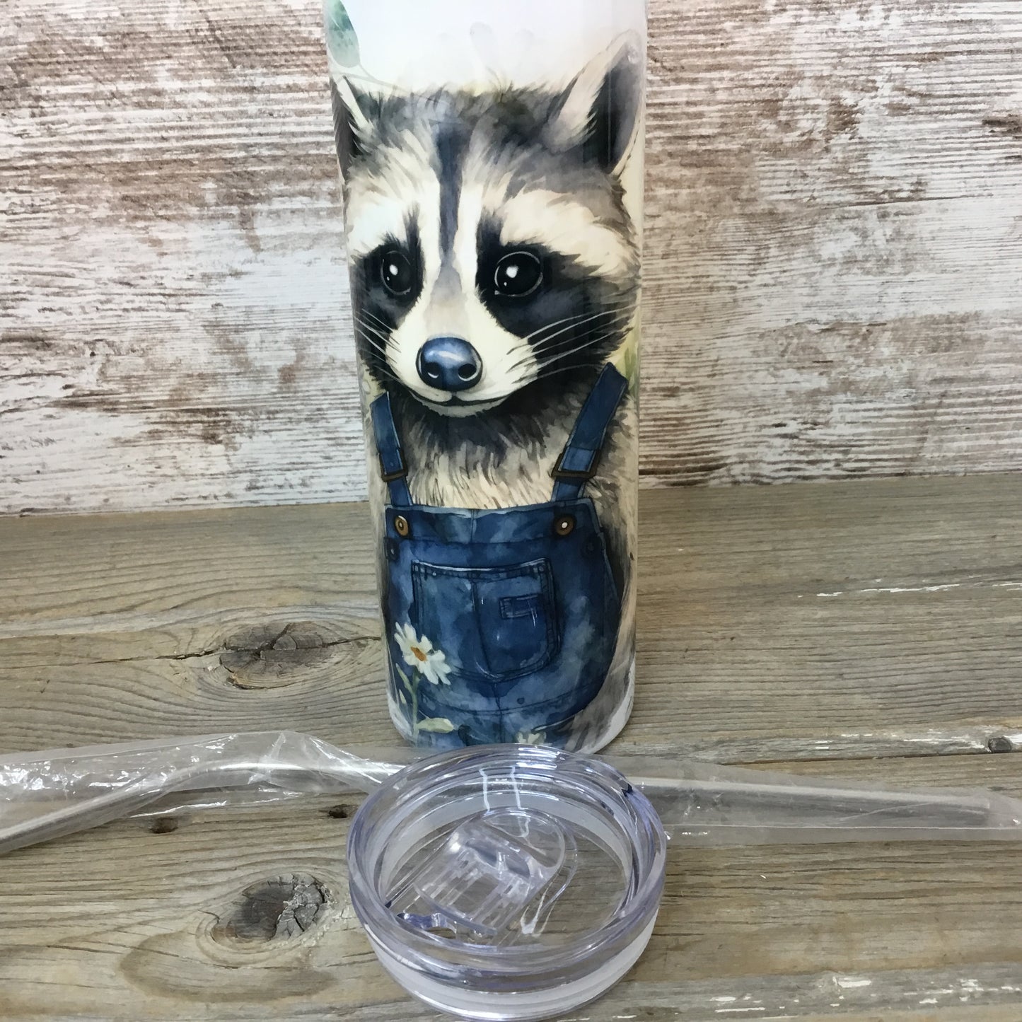 Raccoon in Bib Overalls 20 oz Skinny Tumbler with Straw & Lid