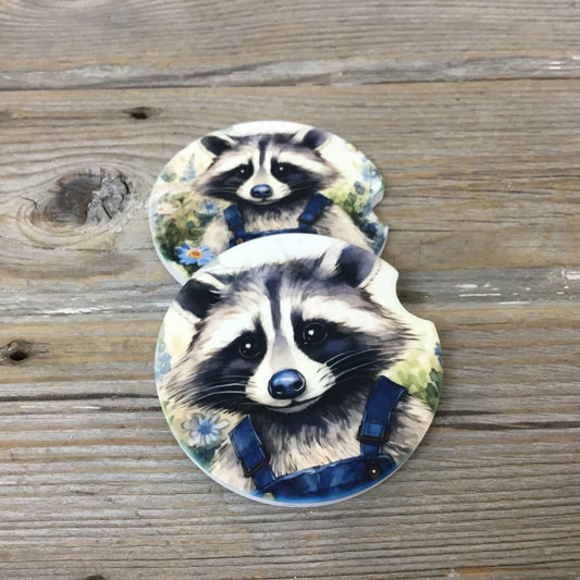 Raccoon in Bib Overalls Car Coasters, Set of 2