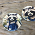 Raccoon in Bib Overalls Car Coasters, Set of 2