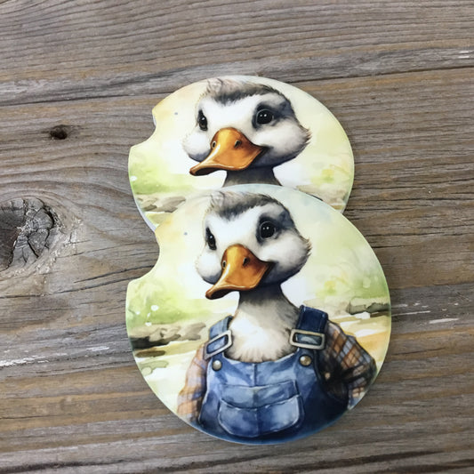 Duck in Flannel Shirt and Bib Overalls Car Coasters, Set of 2