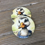 Duck in Flannel Shirt and Bib Overalls Car Coasters, Set of 2