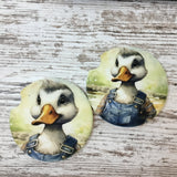 Duck in Flannel Shirt and Bib Overalls Car Coasters, Set of 2