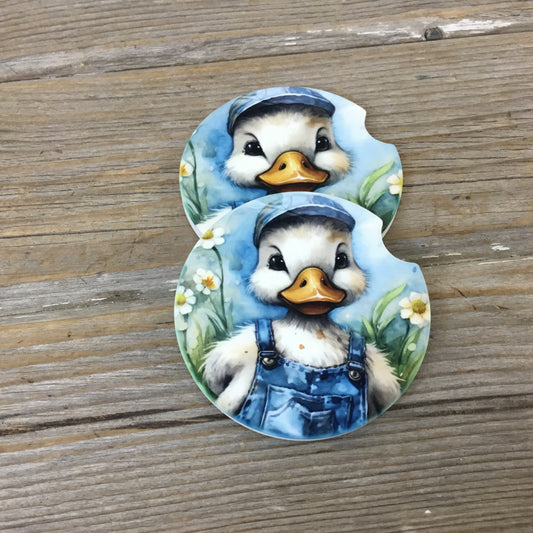 Duck in Bib Overalls Car Coasters, Set of 2