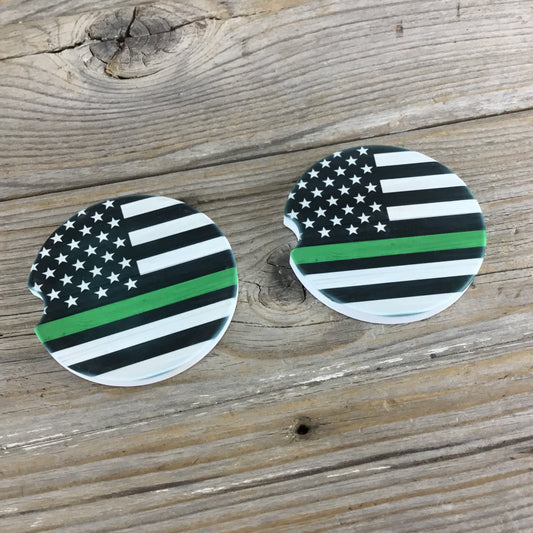 Thin Green Line EMT - Forest Service Wildland Firefighter Flag Car Coasters