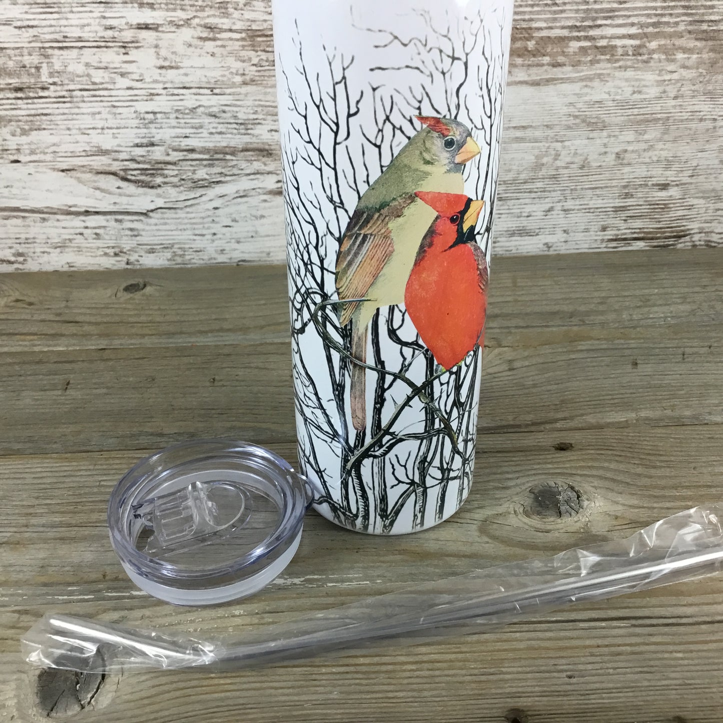 Pair of Cardinals in Tree 20 oz Skinny Tumbler with Straw & Lid