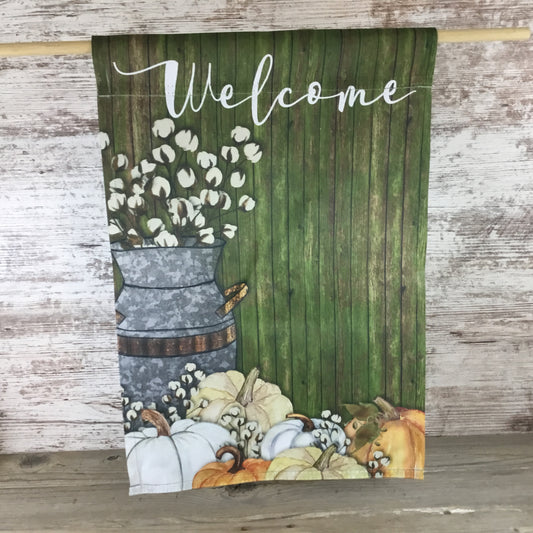 Welcome Milk Can Pumpkins Fall Garden Flag