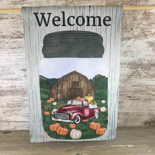 Welcome Mason Jar Scene with Red Truck and Pumpkins Fall Garden Flag