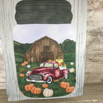 Welcome Mason Jar Scene with Red Truck and Pumpkins Fall Garden Flag