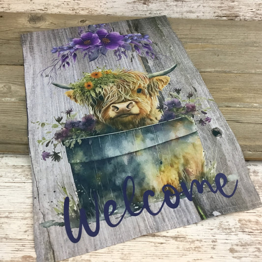 Welcome Highland Cow in Bucket Garden Flag