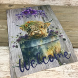 Welcome Highland Cow in Bucket Garden Flag