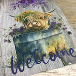 Welcome Highland Cow in Bucket Garden Flag