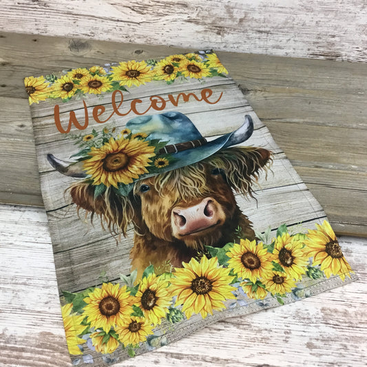 Sunflowers Welcome Highland Cow in Hat Garden Flag