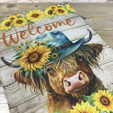 Sunflowers Welcome Highland Cow in Hat Garden Flag