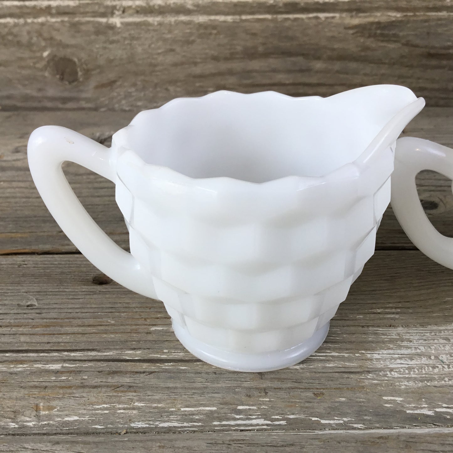 Hazel Atlas Milk Glass Cubed Cream and Sugar Dish, Cubist Pattern