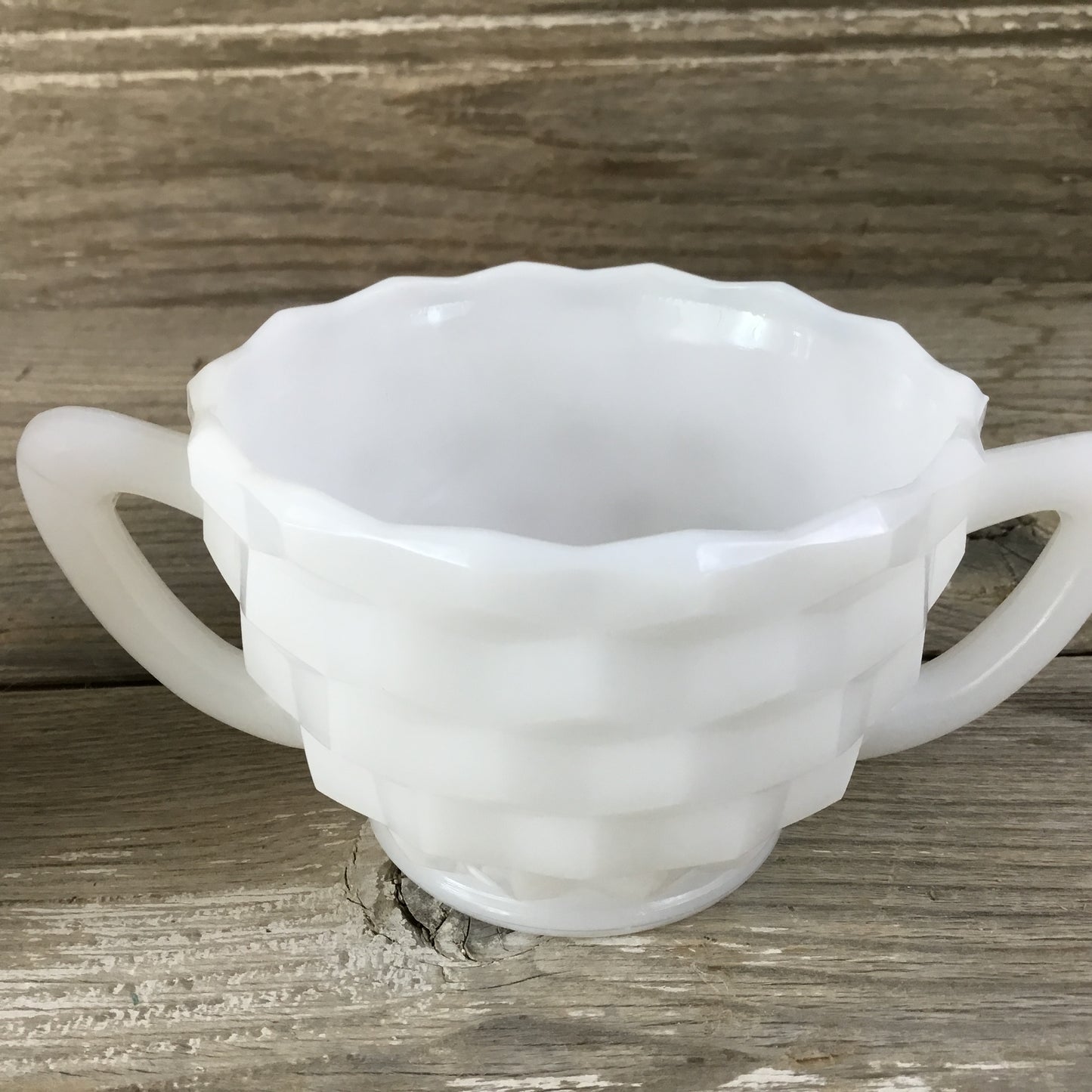 Hazel Atlas Milk Glass Cubed Cream and Sugar Dish, Cubist Pattern