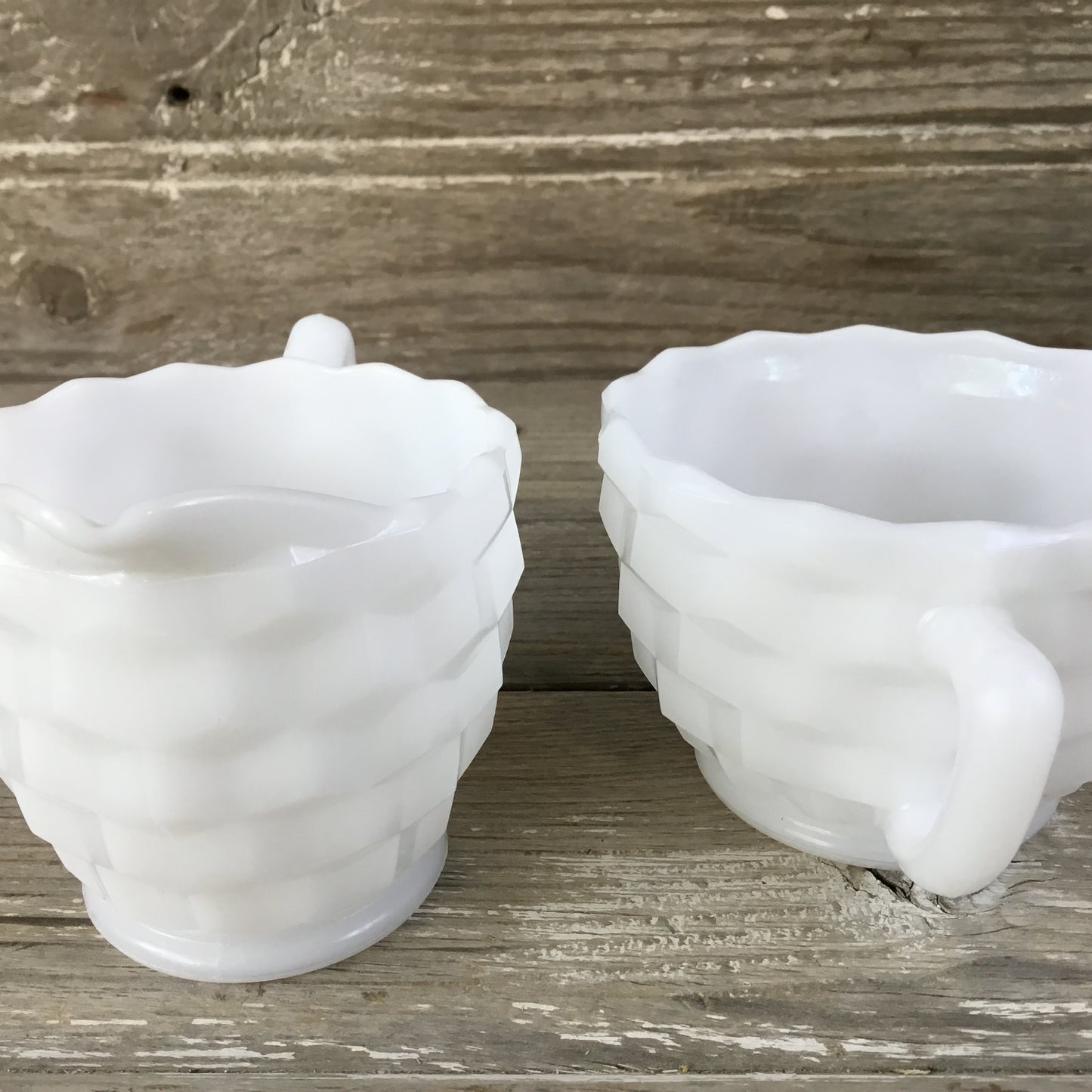 Hazel Atlas Milk Glass Cubed Cream and Sugar Dish, Cubist Pattern