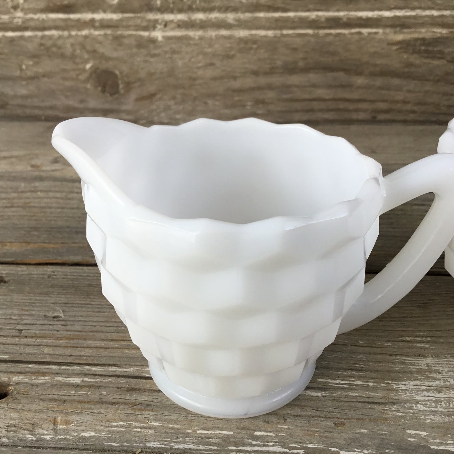 Hazel Atlas Milk Glass Cubed Cream and Sugar Dish, Cubist Pattern