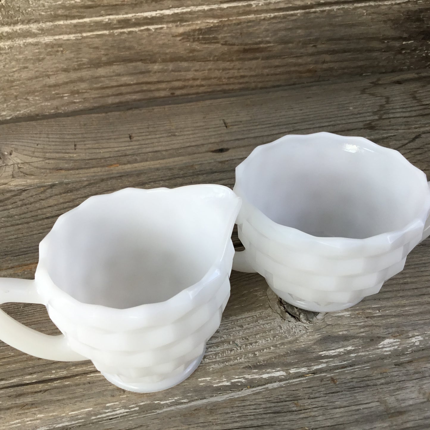 Hazel Atlas Milk Glass Cubed Cream and Sugar Dish, Cubist Pattern