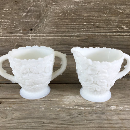 Westmoreland Bramble Maple Leaf Milk Glass Sugar and Creamer