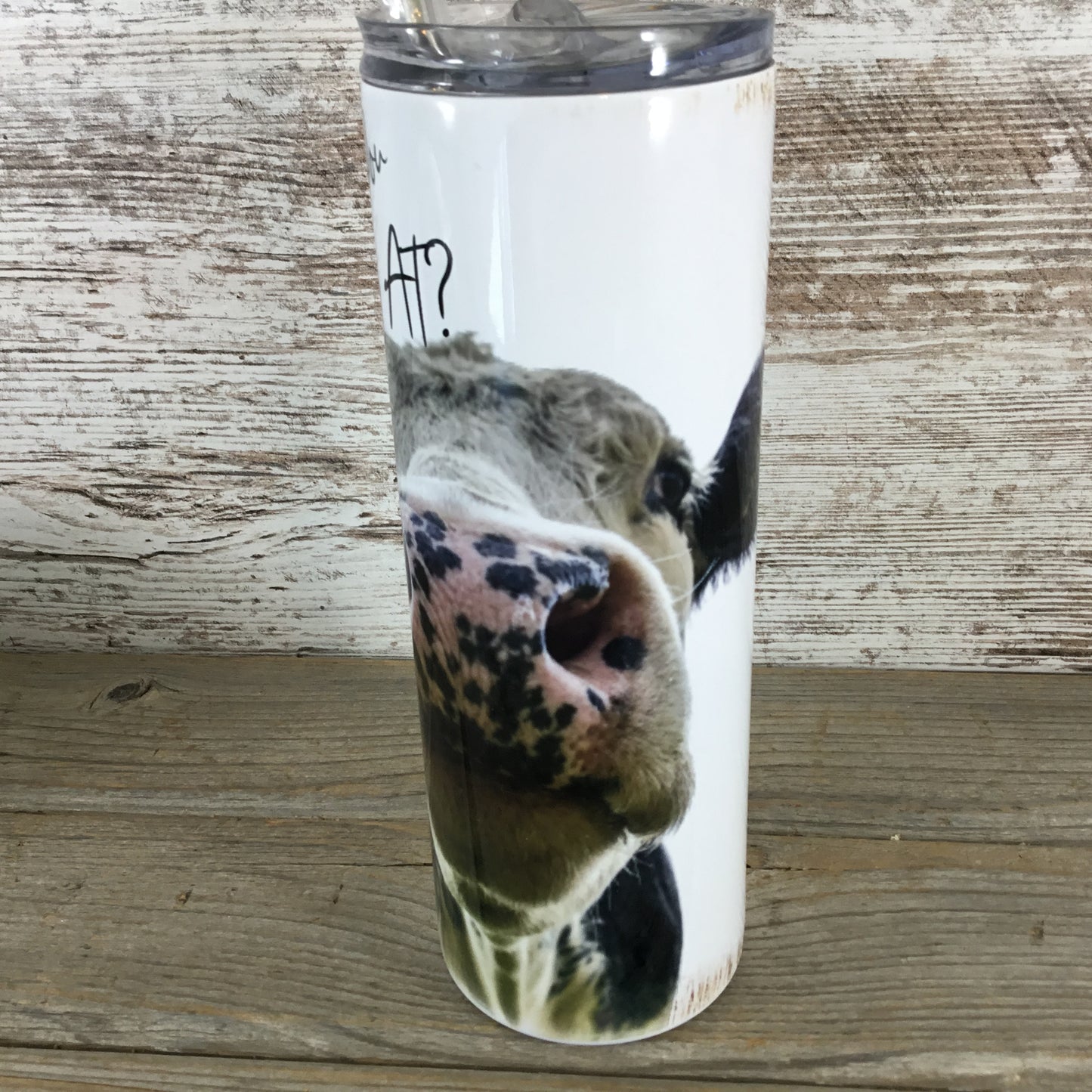 Moo You Looking At? Black and White Cow 20 oz Skinny Tumbler with Straw & Lid