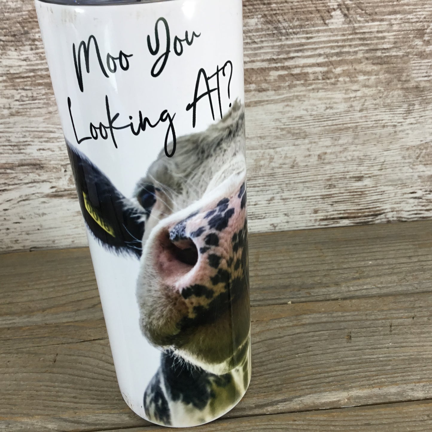 Moo You Looking At? Black and White Cow 20 oz Skinny Tumbler with Straw & Lid