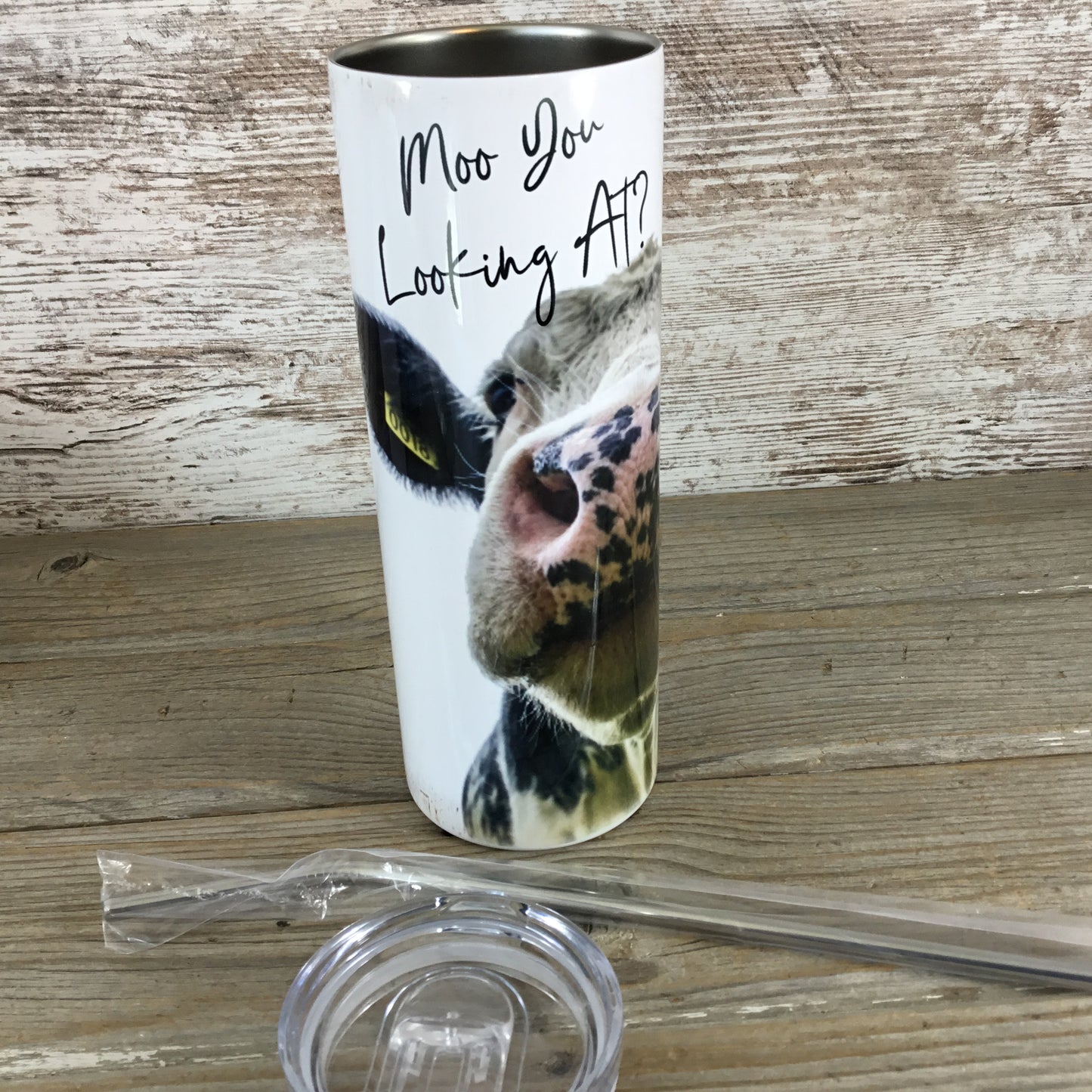 Moo You Looking At? Black and White Cow 20 oz Skinny Tumbler with Straw & Lid