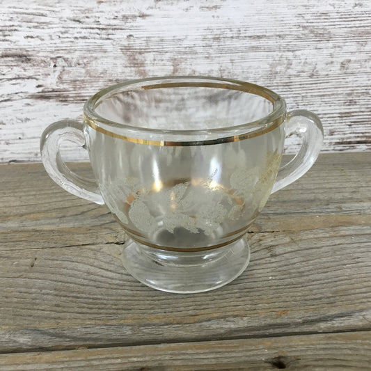 Vintage Glass Double Handle Sugar Cup Gold Trim Etched Glass Grapes Fruit Leaves