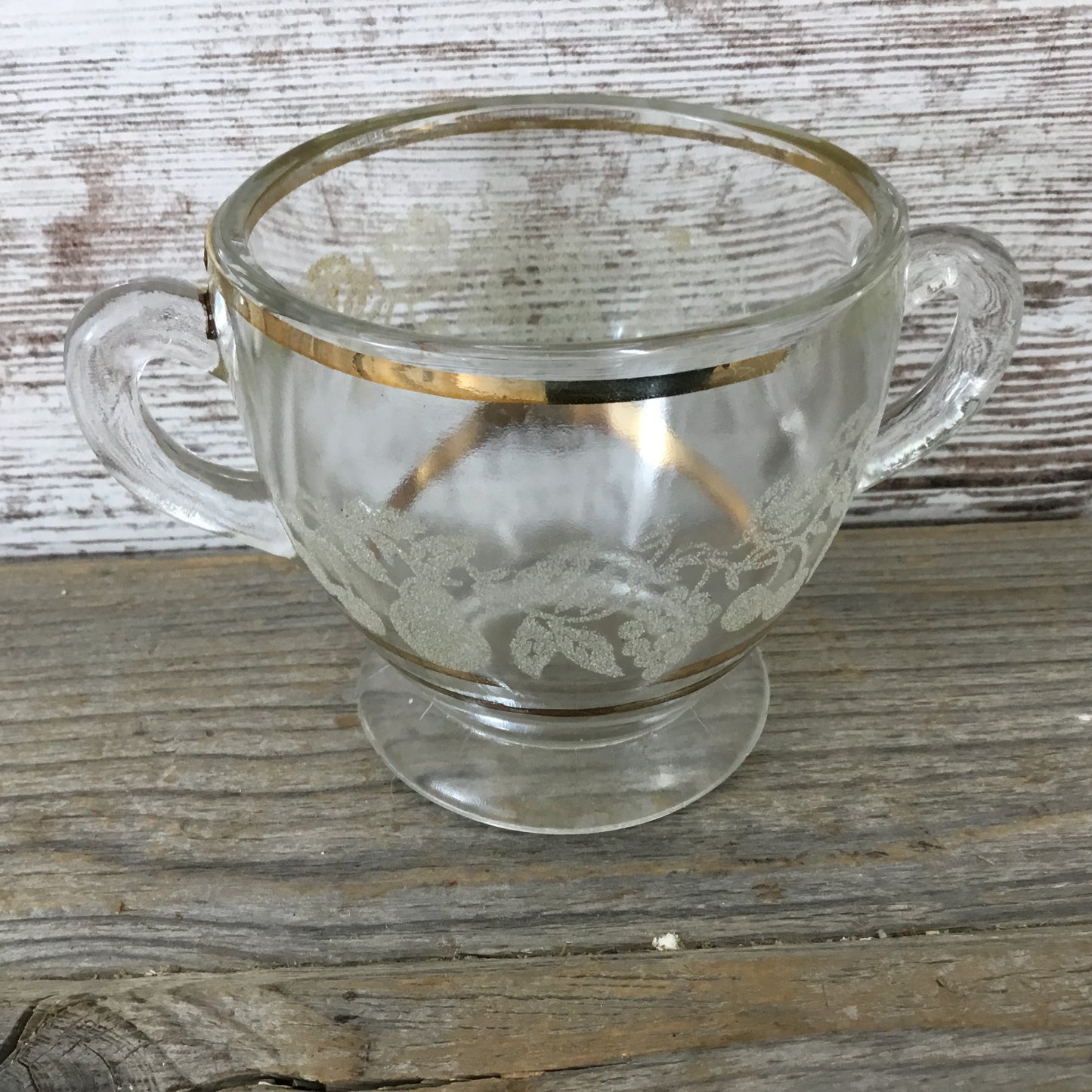 Vintage Glass Double Handle Sugar Cup Gold Trim Etched Glass Grapes Fruit Leaves