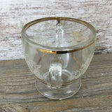 Vintage Glass Double Handle Sugar Cup Gold Trim Etched Glass Grapes Fruit Leaves