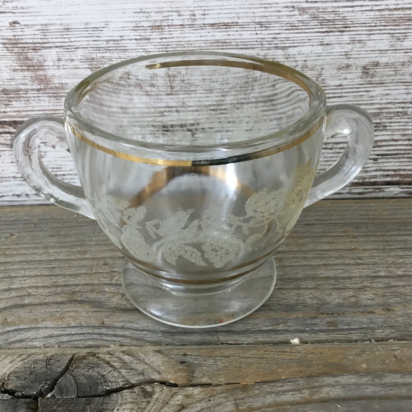 Vintage Glass Double Handle Sugar Cup Gold Trim Etched Glass Grapes Fruit Leaves