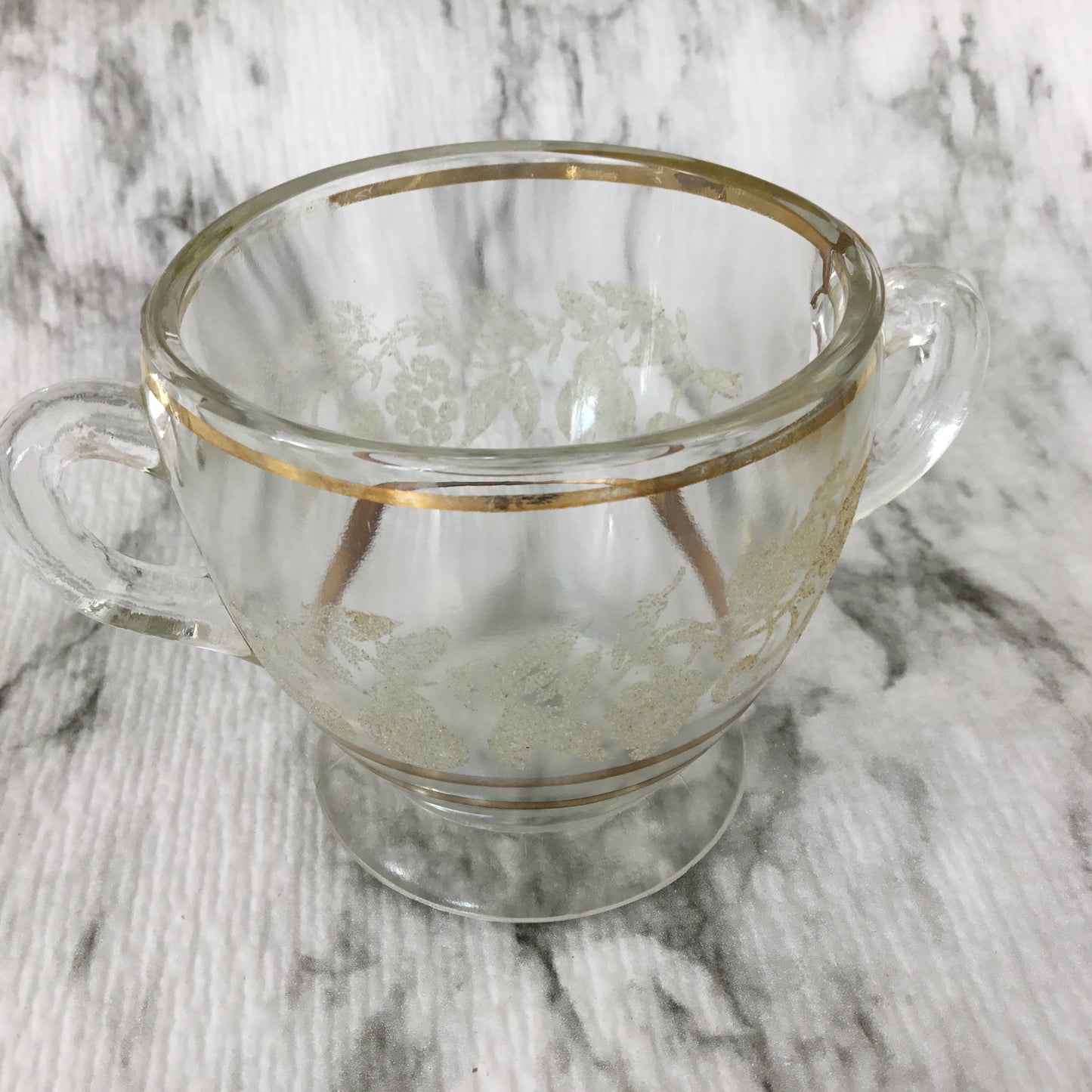 Vintage Glass Double Handle Sugar Cup Gold Trim Etched Glass Grapes Fruit Leaves