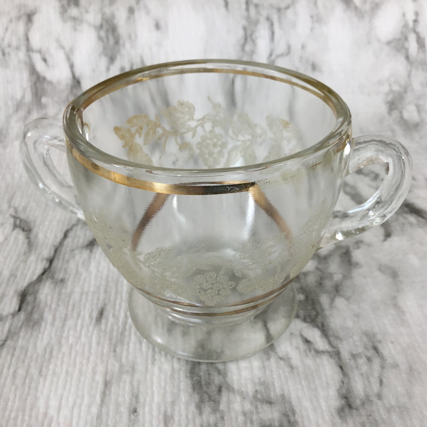 Vintage Glass Double Handle Sugar Cup Gold Trim Etched Glass Grapes Fruit Leaves