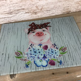Bandana Pig Blue Flowers Glass Cutting Board