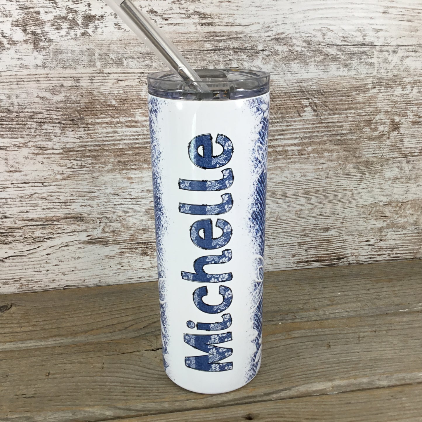 Denim & Lace Personalized Name 20 oz Skinny Tumbler with Lid and Straw