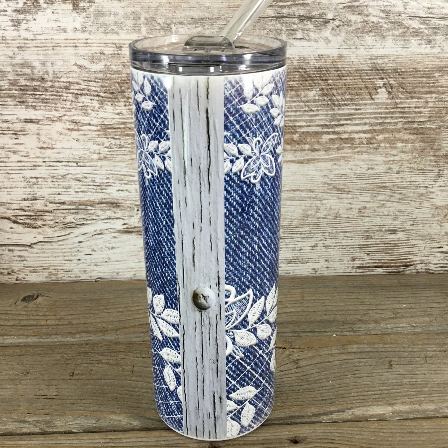 Denim & Lace Personalized Name 20 oz Skinny Tumbler with Lid and Straw